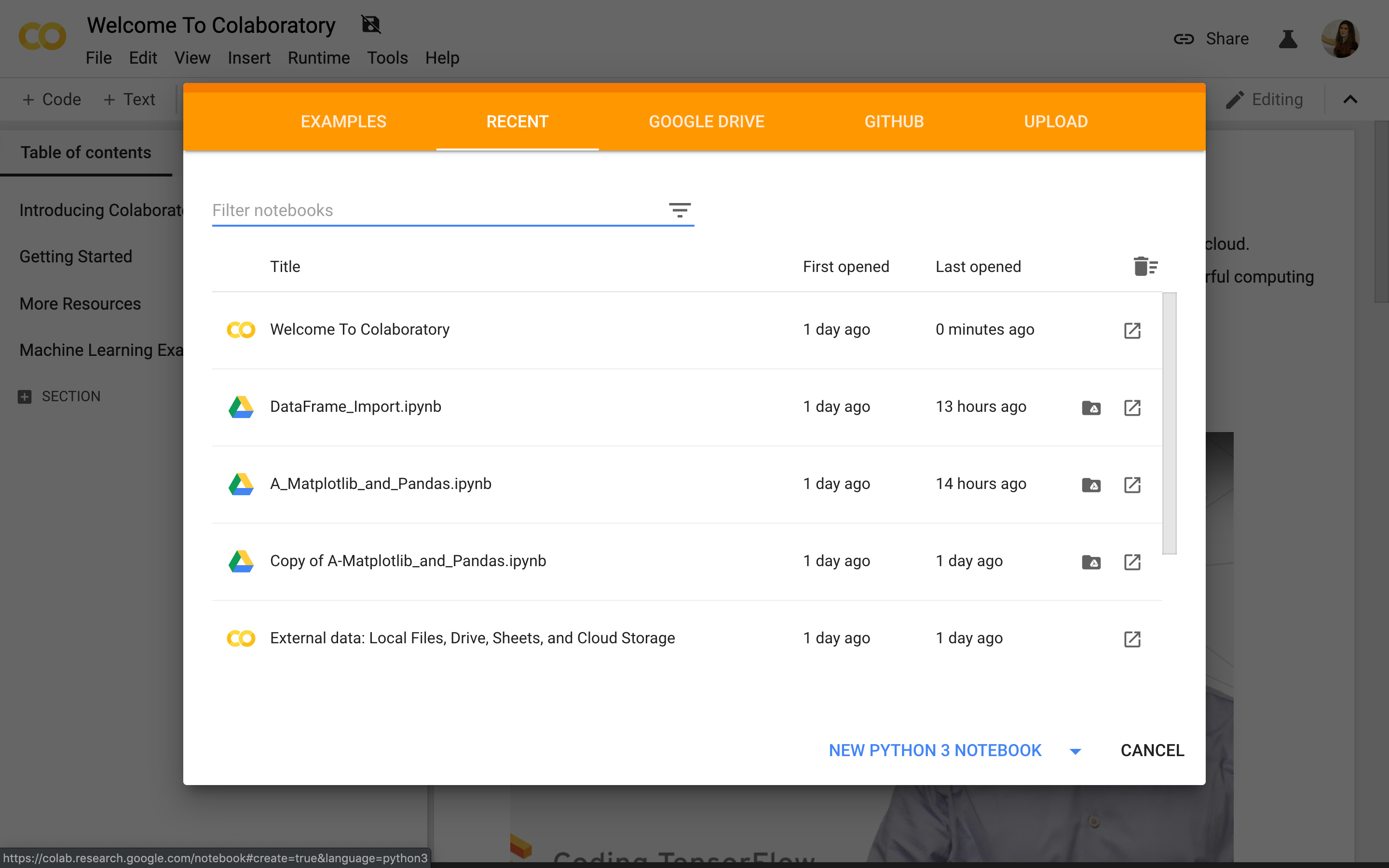 Google Colab - Recent Notebooks Page