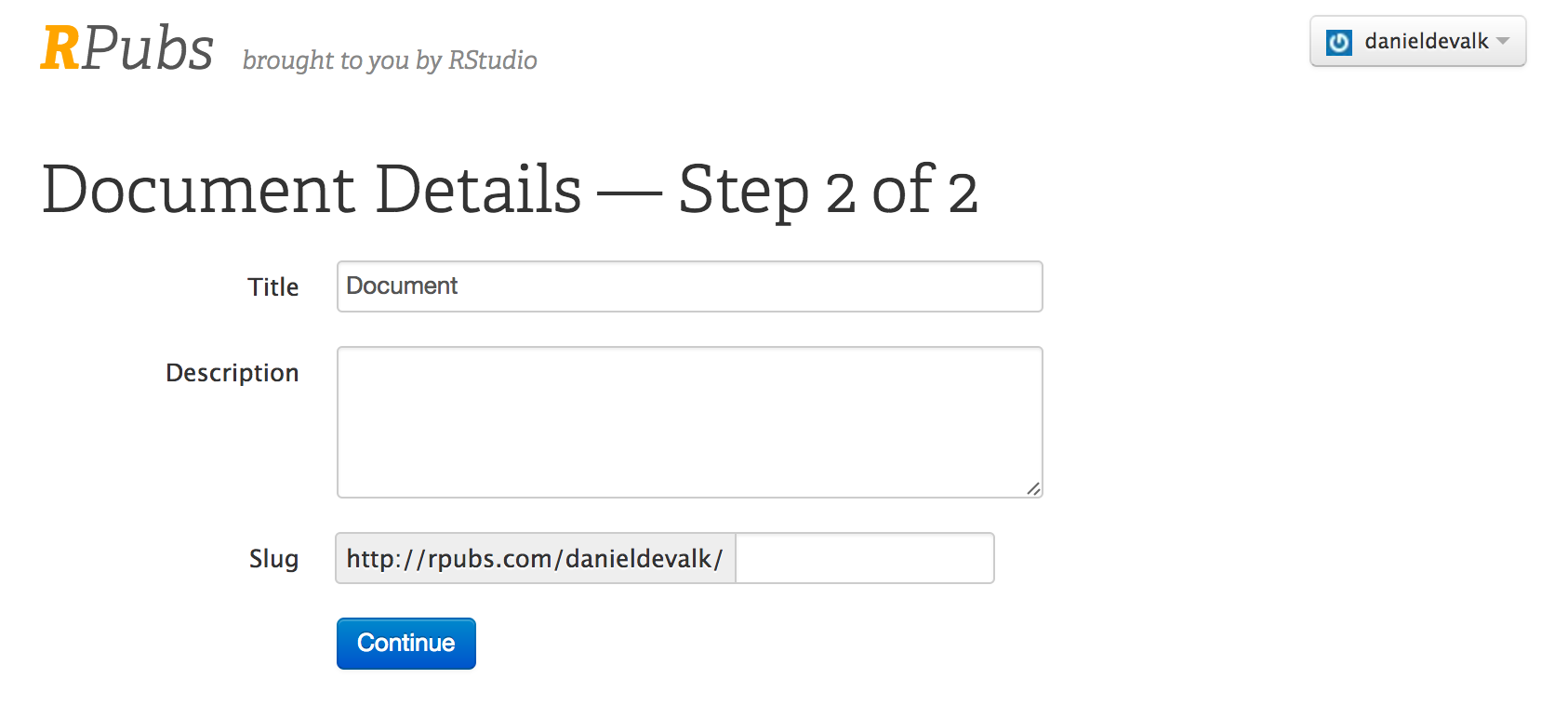 Entering a title before publishing an RPubs document.