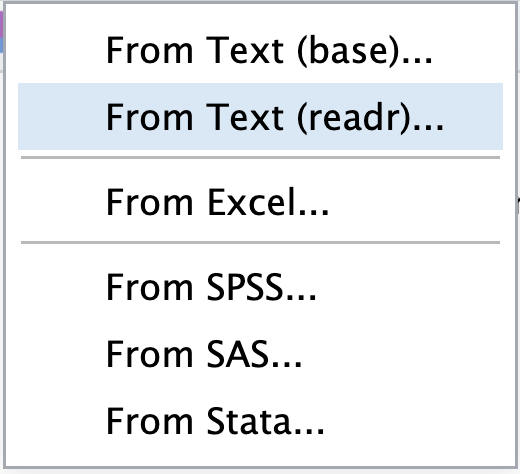 A screenshot of the Workspace in RStudio.