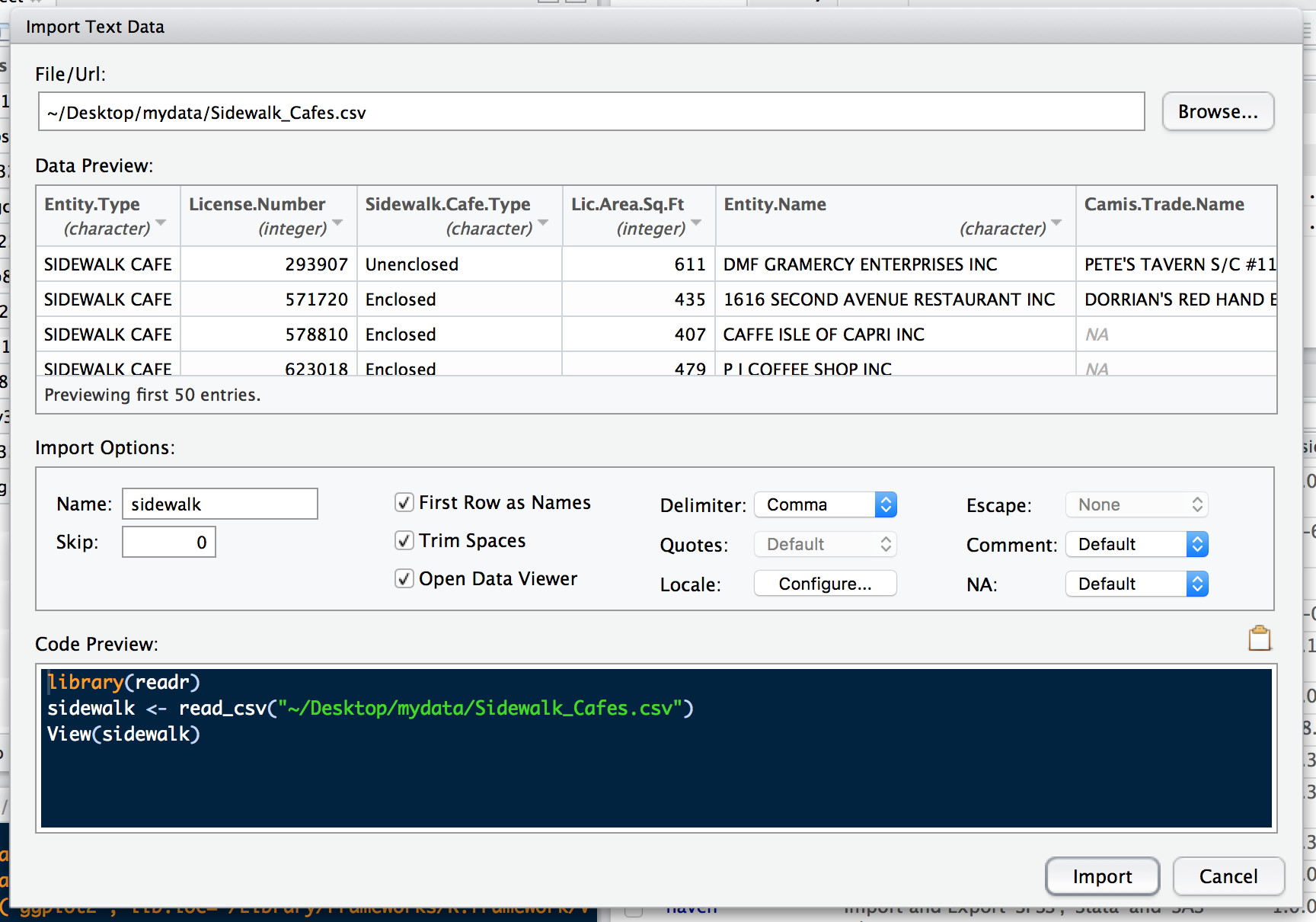 Setting import preferences in RStudio