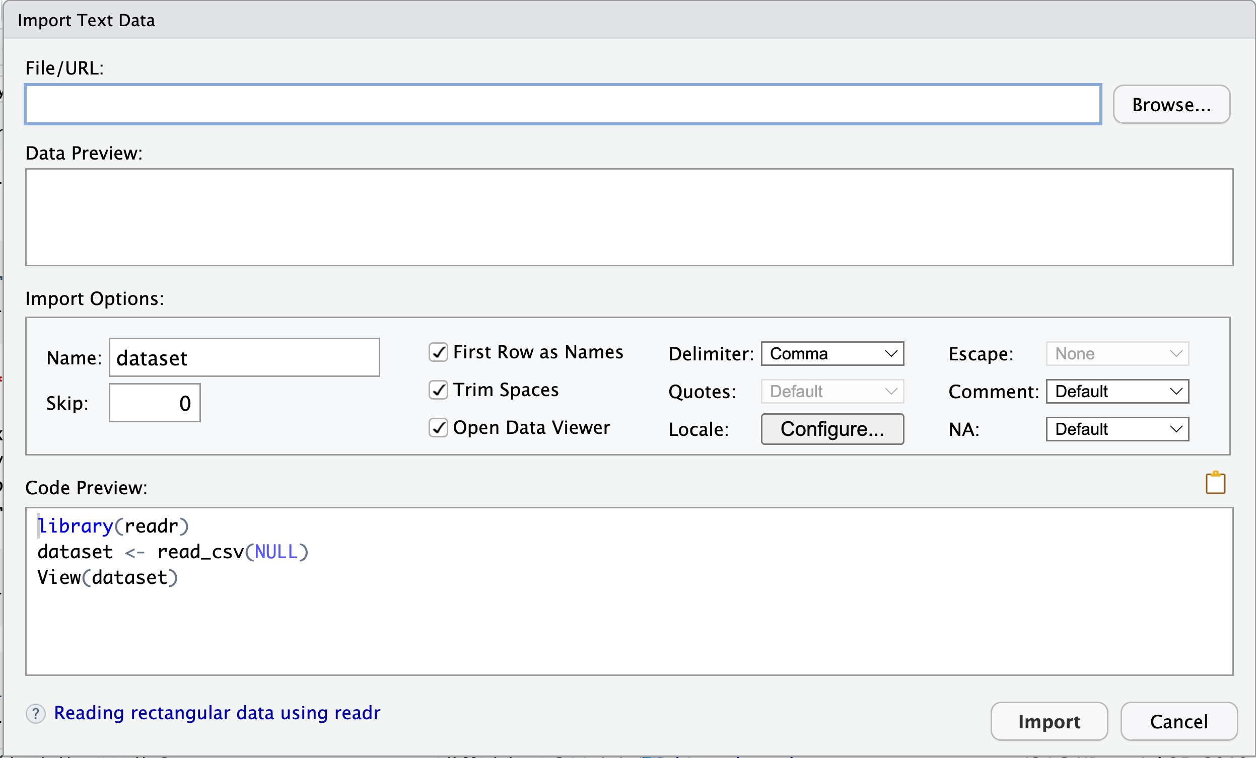 The RStudio Import Text Data dialog.