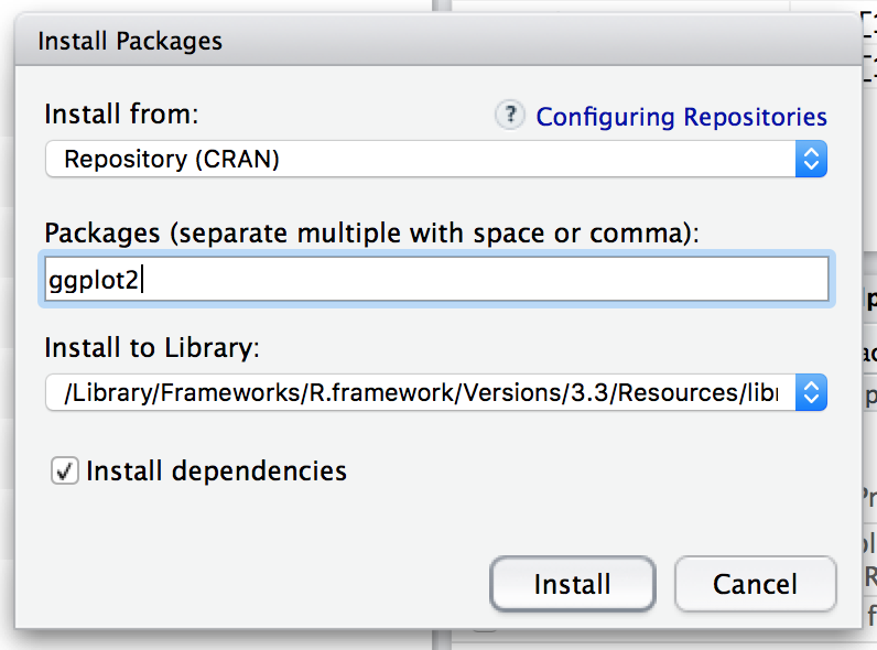 A screenshot of the install packages dialog box in RStudio.