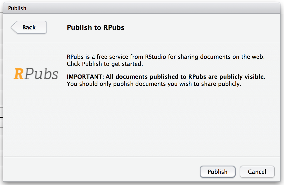 Selecting RPubs as the publishing destination.