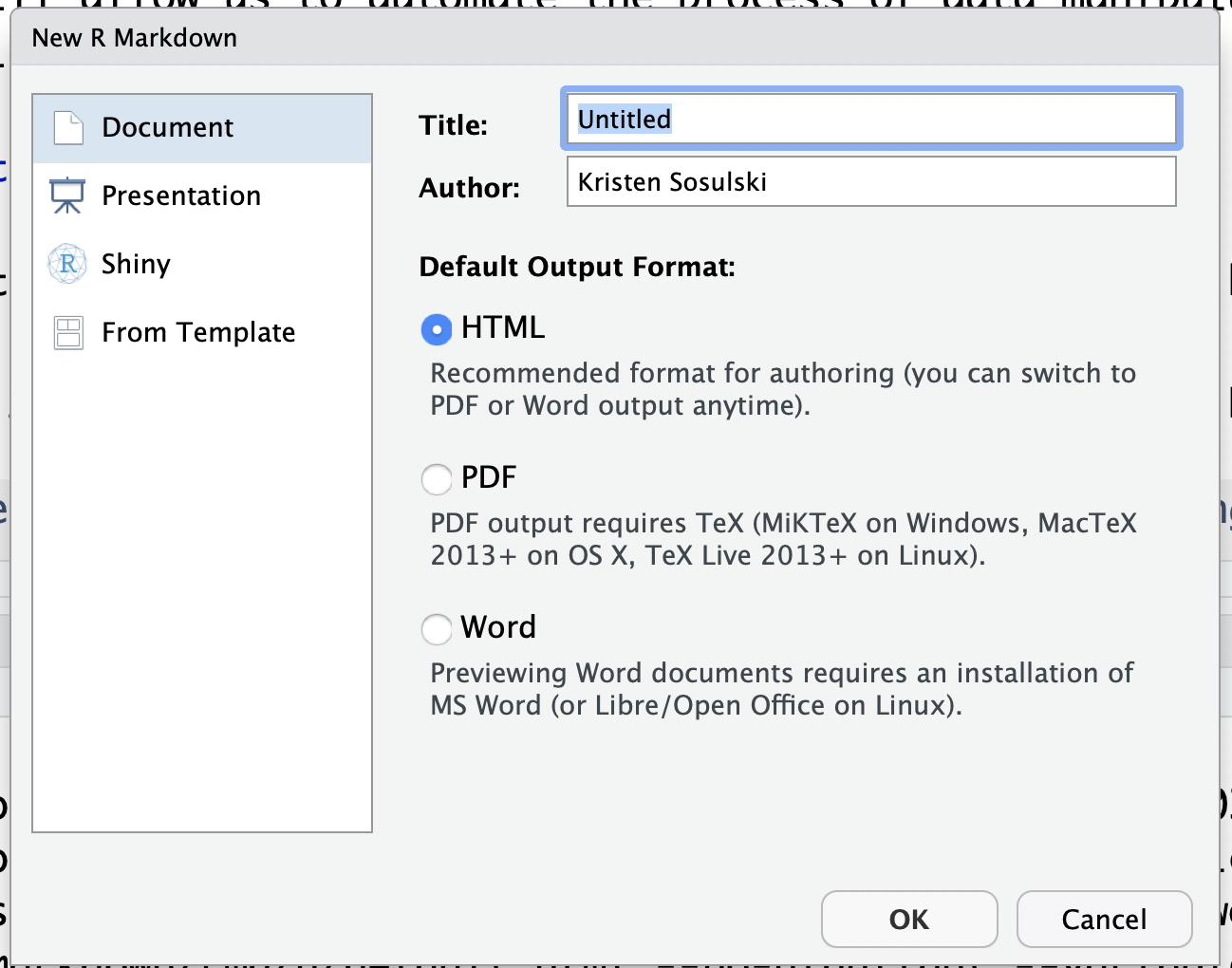 The dialogue box prompt for creating a new R Markdown document.