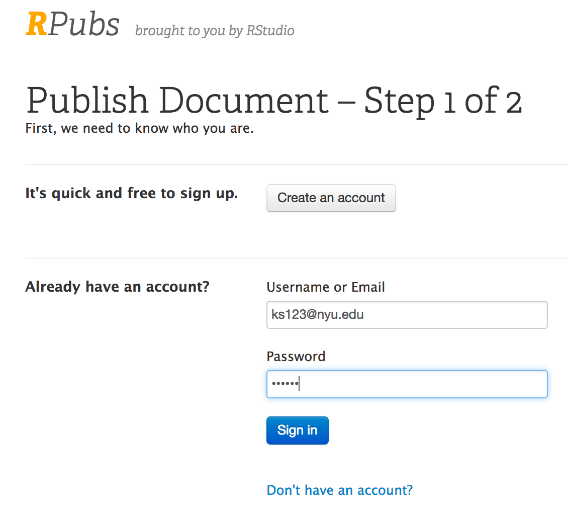The RPubs sign-in screen.