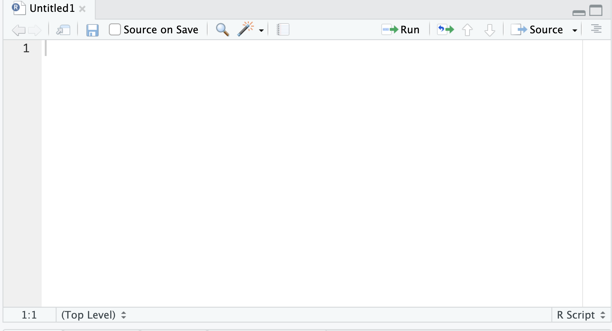 A new R script file shown in the source panel in RStudio.