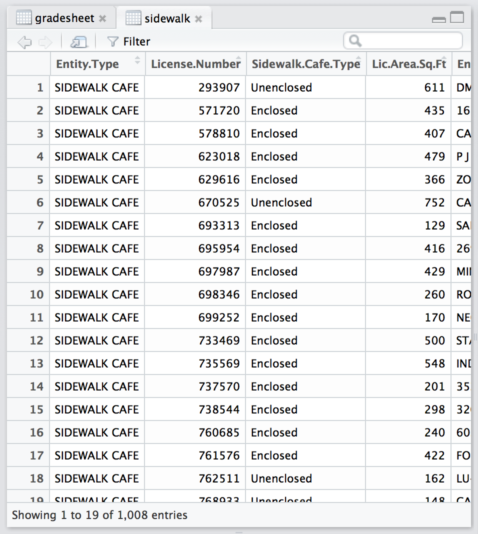 The sidewalk CSV file loaded in the source window.